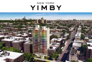 An aerial view of a building with the words new york yimby.
