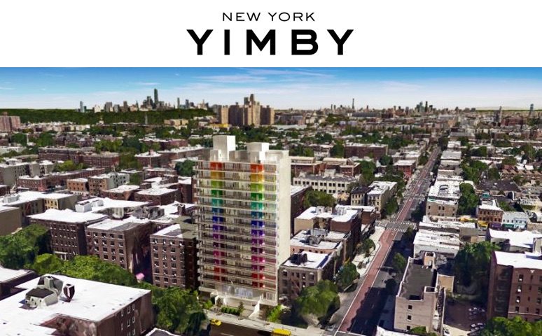 An aerial view of a building with the words new york yimby.