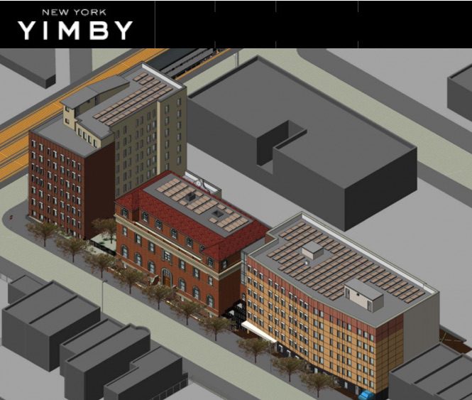 A rendering of a building with the word yimby on it.