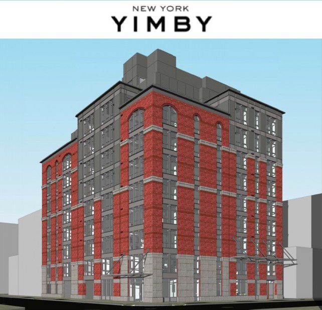 A rendering of a building with the word yimby on it.