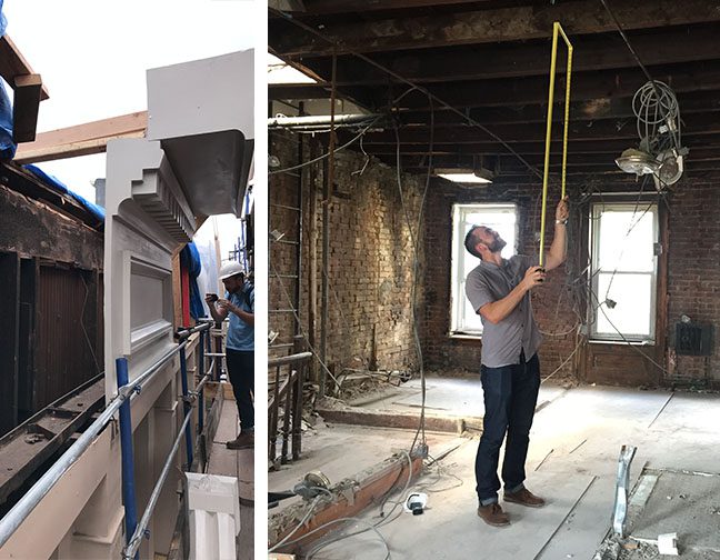 Two pictures of a man working in an old building.