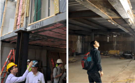 Two pictures of a man standing in a construction area.