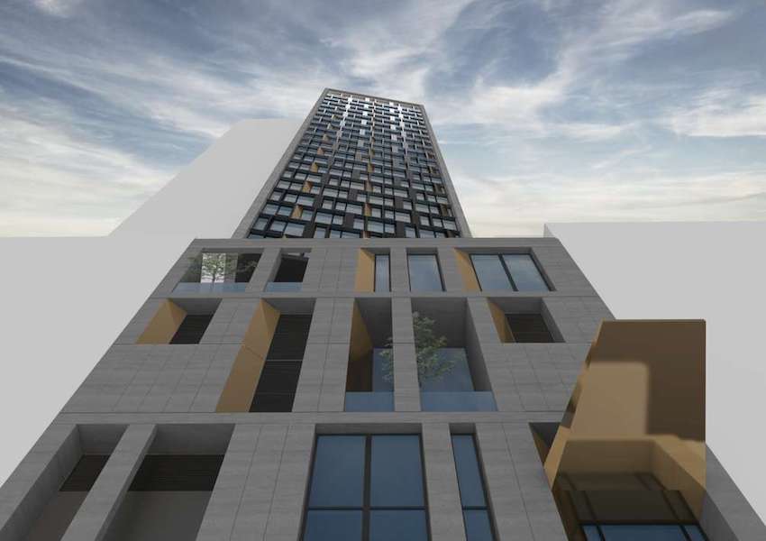 A rendering of a tall building with windows and balconies.