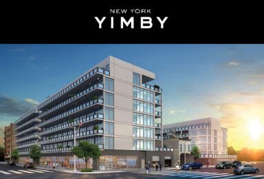 A rendering of a building with the words new york yimby.