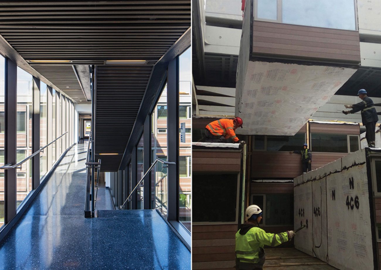 Two pictures showcasing modular construction workers in action on a building project.