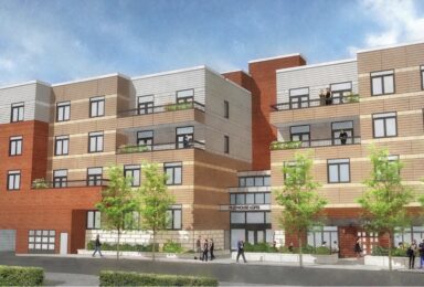 An artist's rendering of an apartment building.