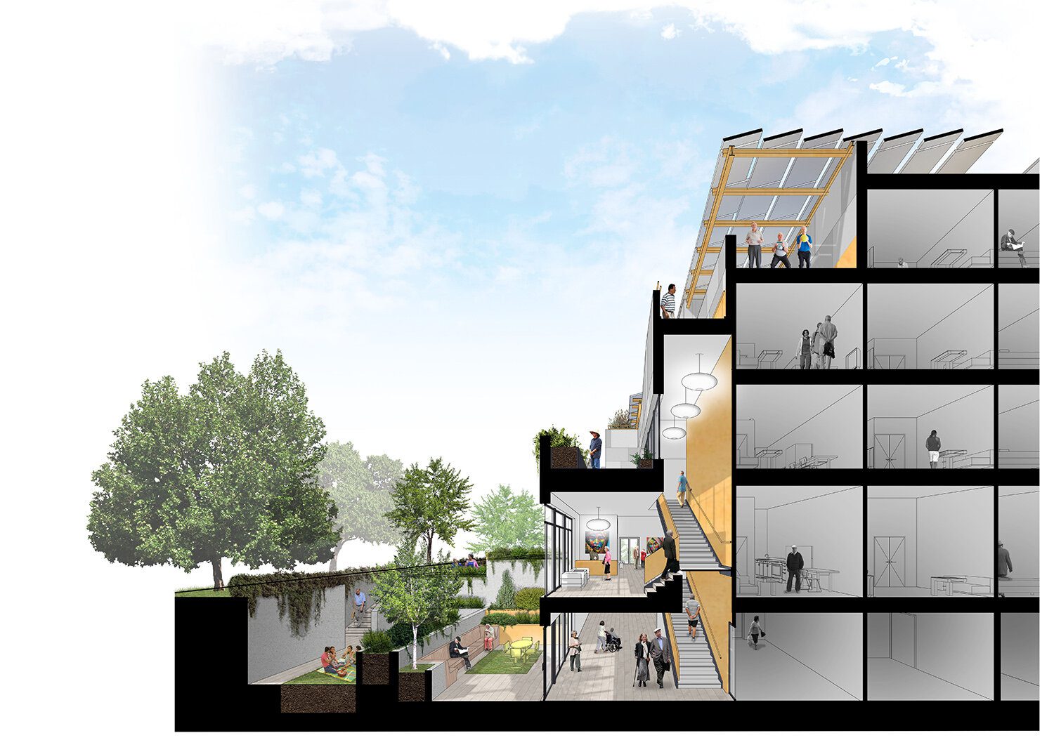 A rendering of a building with people walking around it.