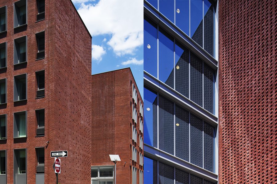 Two pictures of a brick building with windows.