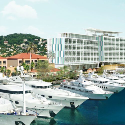 An artist's rendering of a marina with several boats docked.