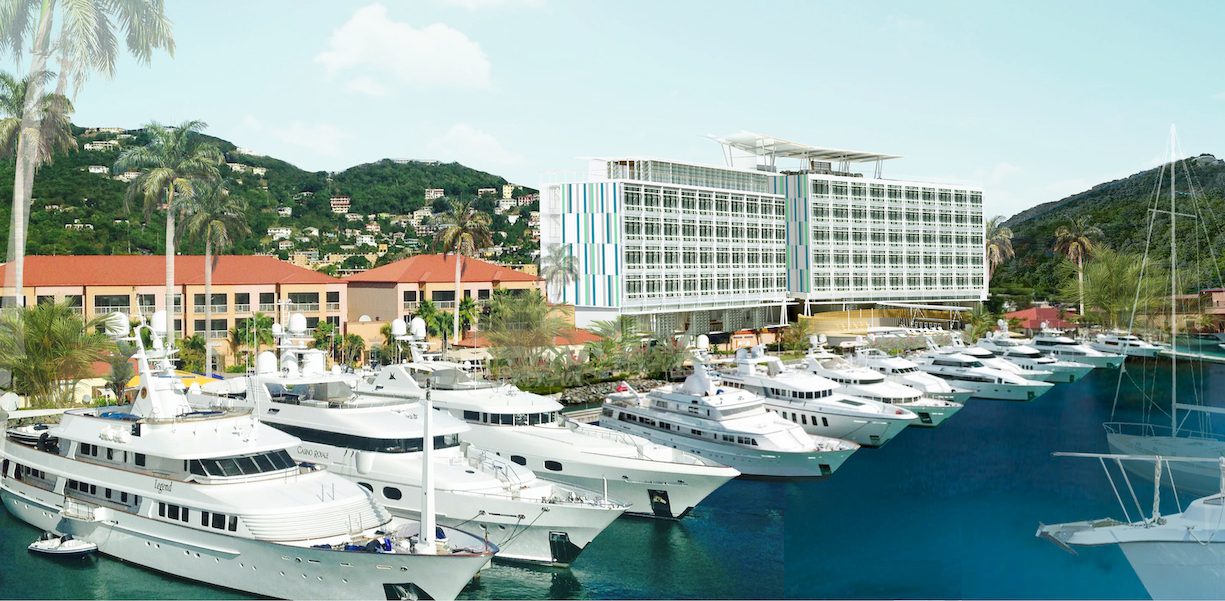 An artist's rendering of a marina with several boats docked.