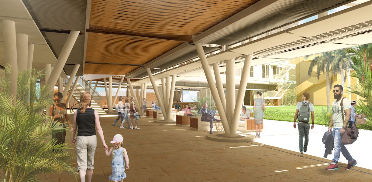 An artist's rendering of a lobby with people walking through it.
