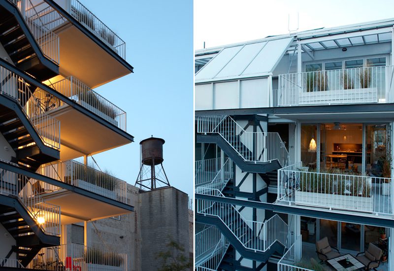 Two pictures of a building with a spiral staircase.