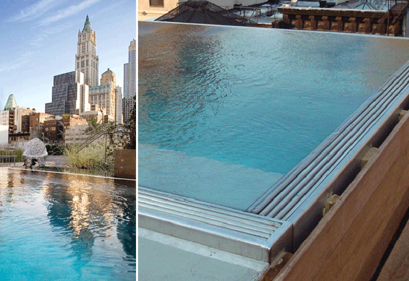 Two pictures of a swimming pool with a view of the city.