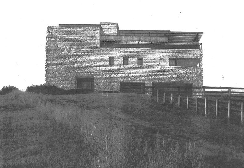 A black and white photo of a house on top of a hill.