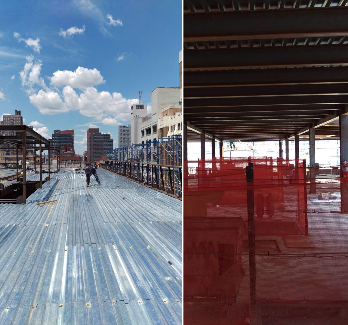 Two pictures of a construction site with a red roof.