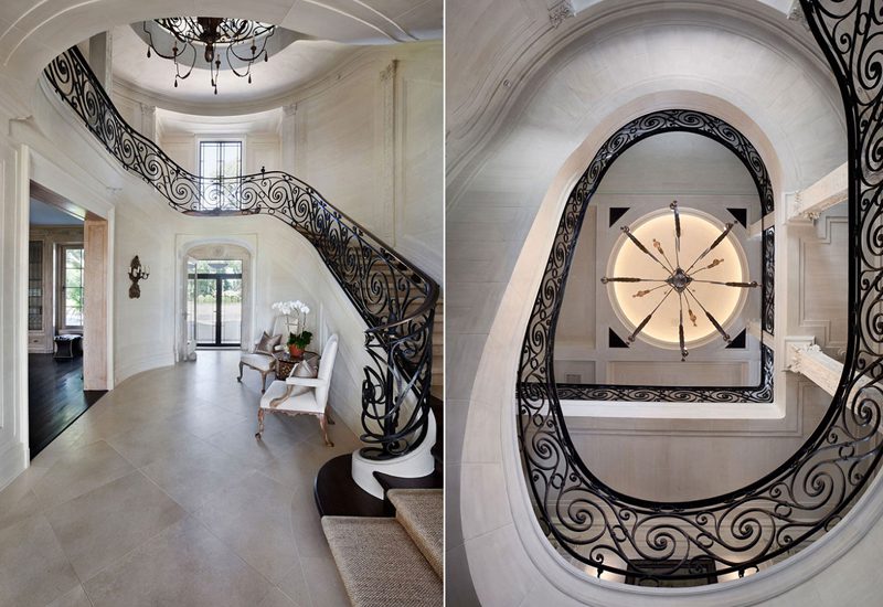 Two pictures of a staircase with an ornate design.