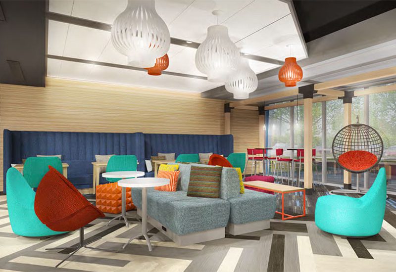 A rendering of a brightly colored lounge area.