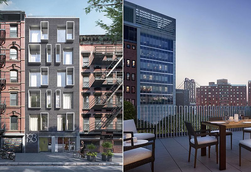 Two renderings of two buildings, one with a patio and the other with a balcony.