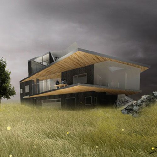 A modern house in the middle of a grassy field.