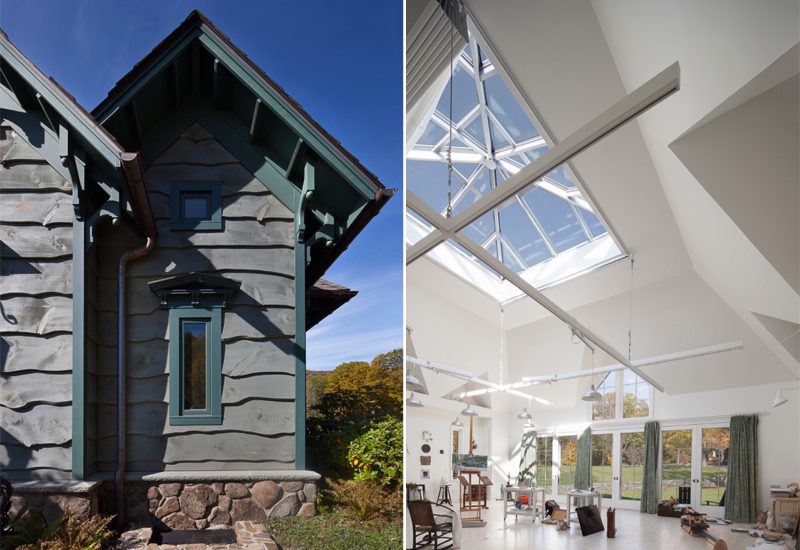 Two pictures of a house with a roof and a skylight.