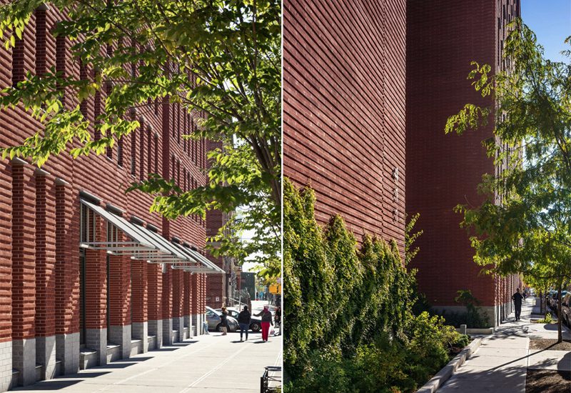 Two pictures of a red brick building and a sidewalk.