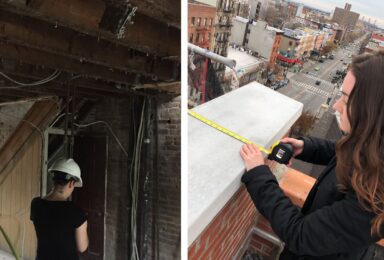 Two pictures of a woman measuring the roof of a building.