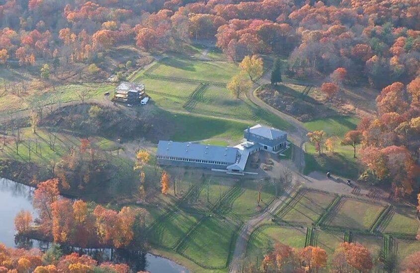 An aerial view of a farm in the fall.