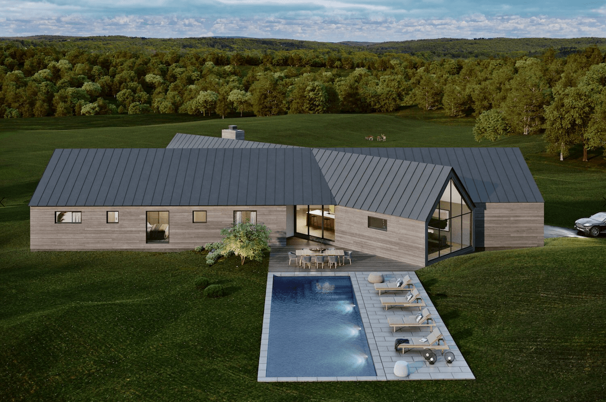 A 3d rendering of a modern home with a pool.