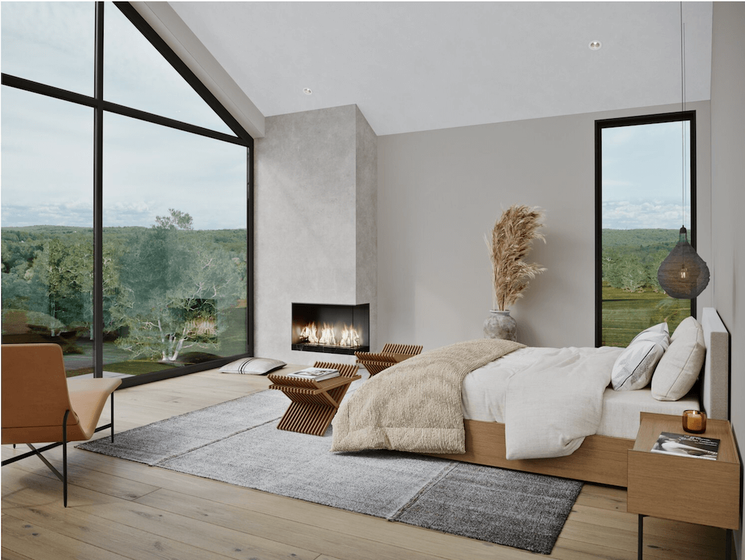 A modern bedroom with large windows and a fireplace.