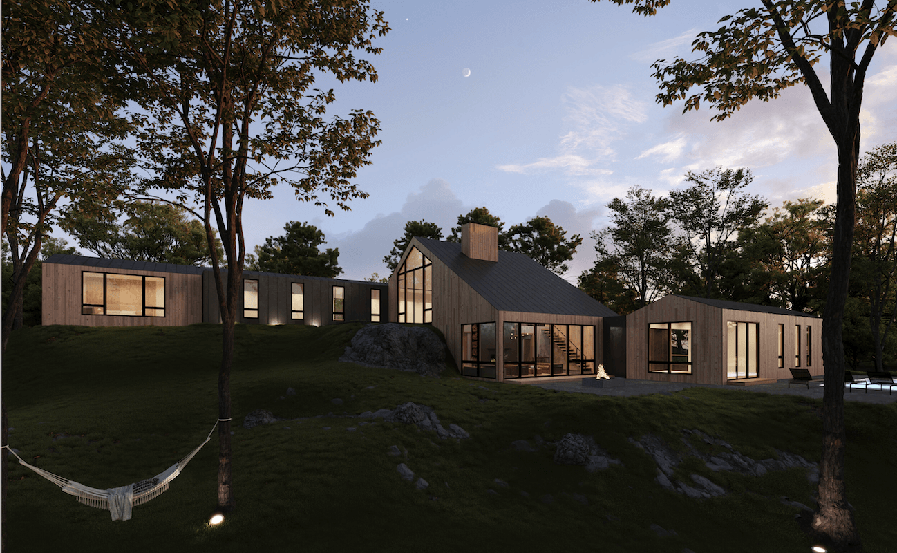 A 3d rendering of a house in the woods.