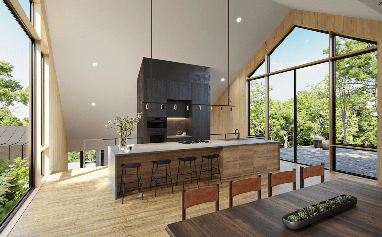 A 3d rendering of a modern kitchen with large windows.