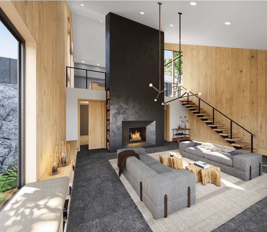 A modern living room with a fireplace and stairs.