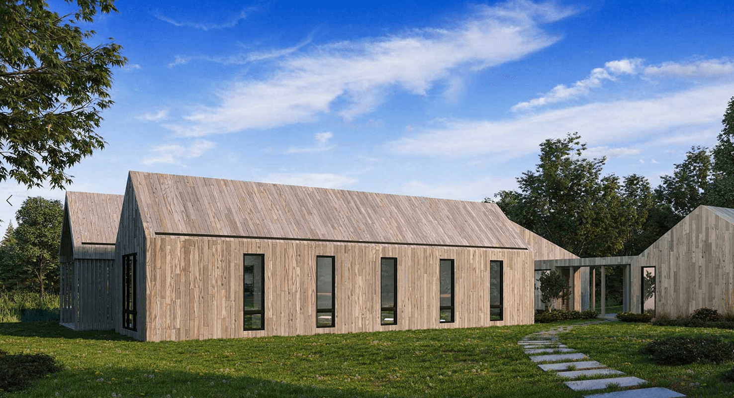 A rendering of a wooden house in a grassy area.