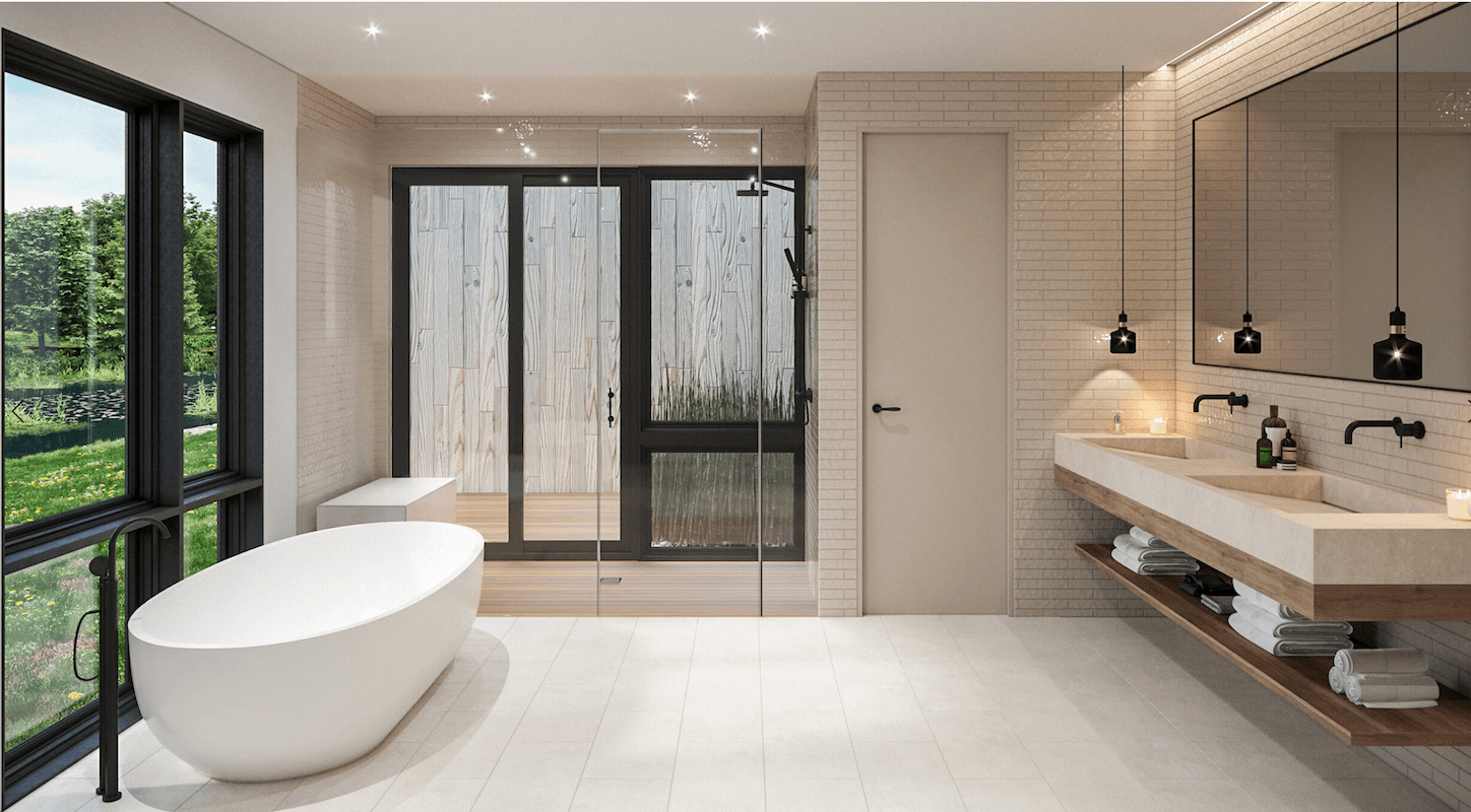 A modern bathroom with large windows and a bathtub.