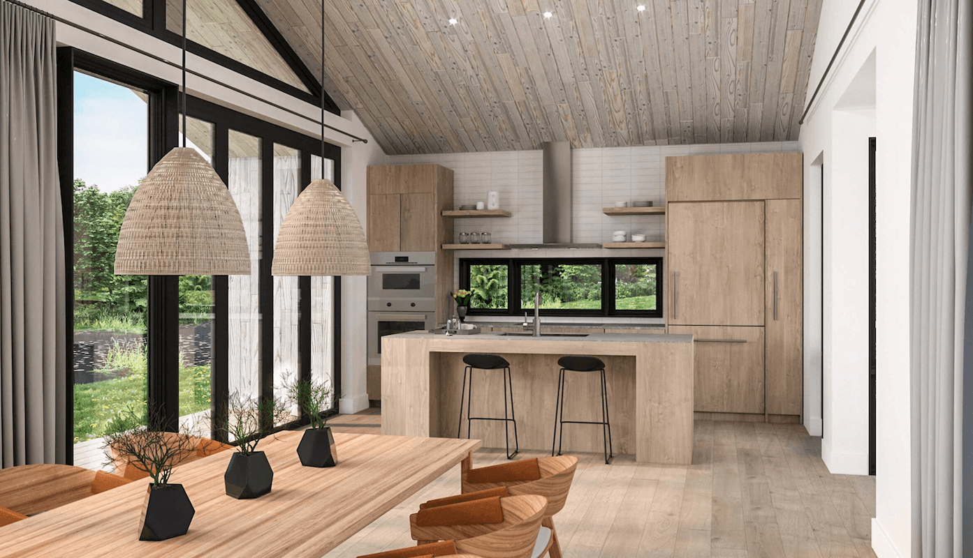 A rendering of a kitchen and dining room.