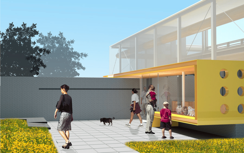 A rendering of a yellow house with people walking around it.