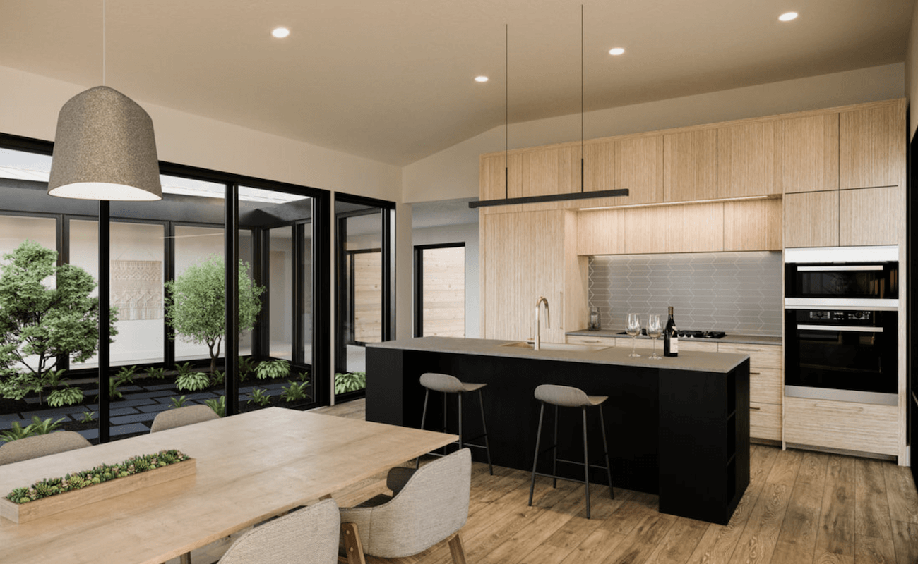 A rendering of a modern kitchen and dining area.