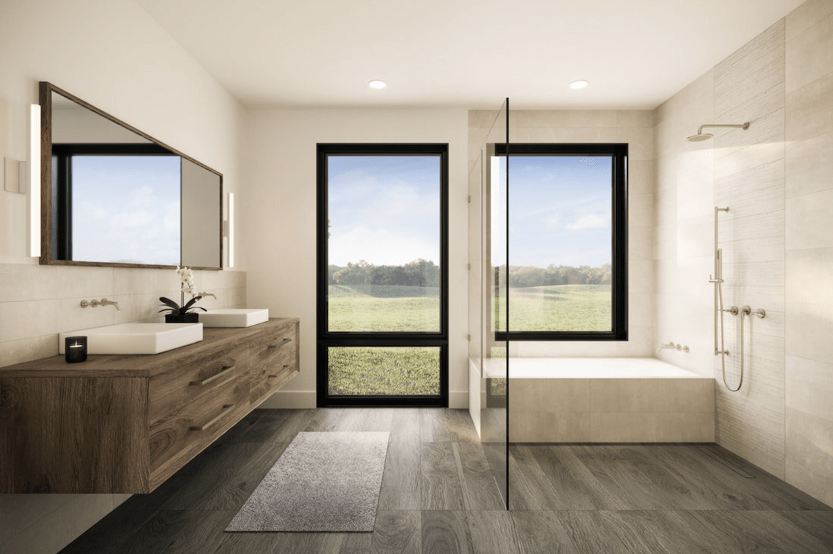 A modern bathroom with wood floors and a large window.