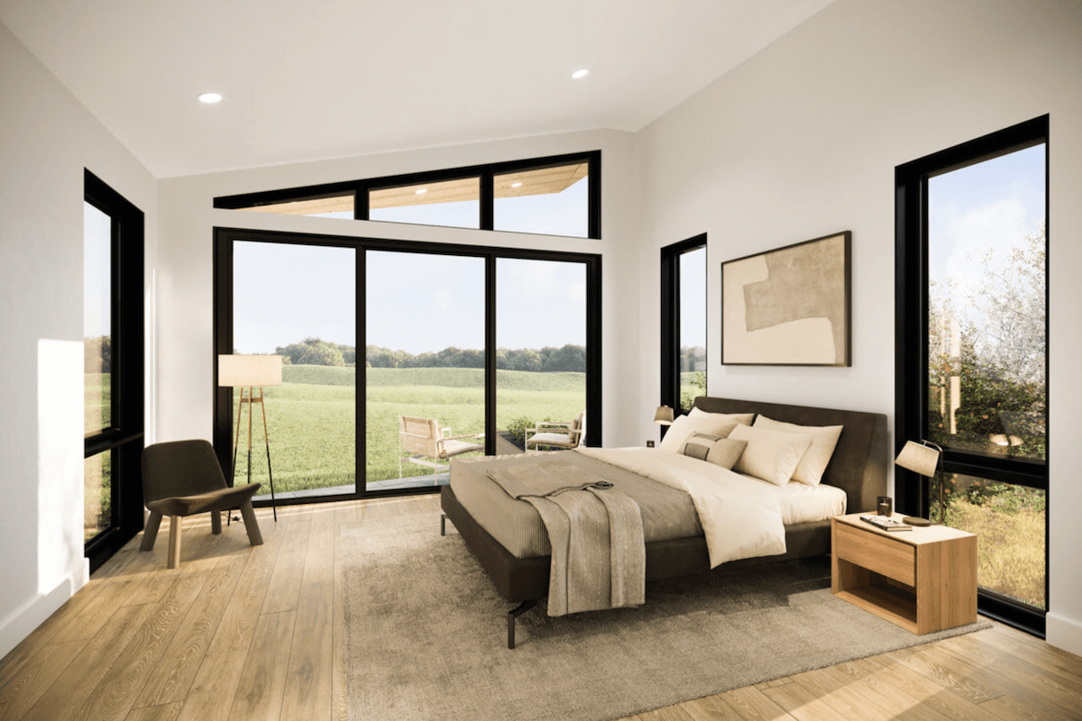 A 3d rendering of a bedroom with large windows.