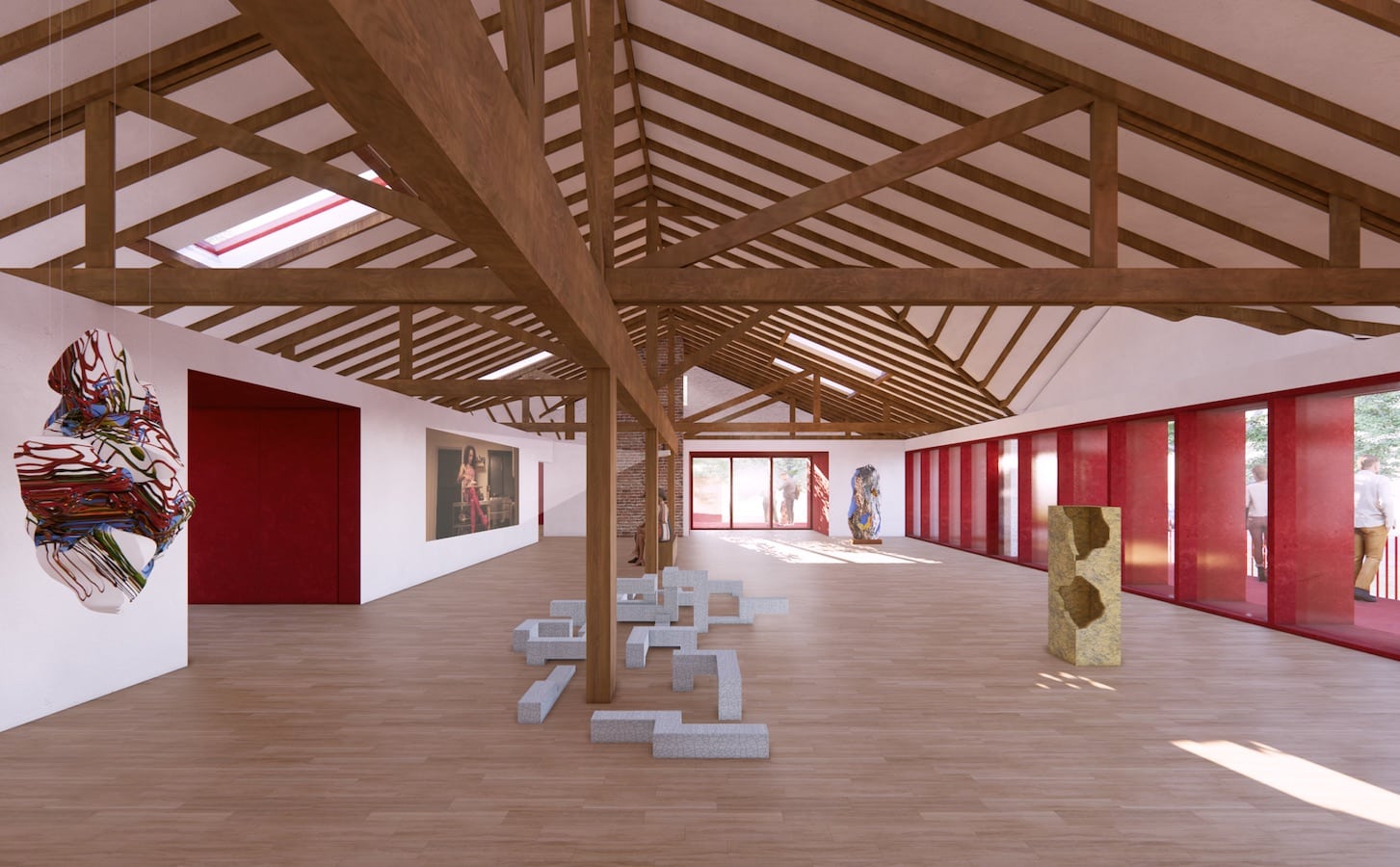 A rendering of an art gallery with wooden beams and red walls.