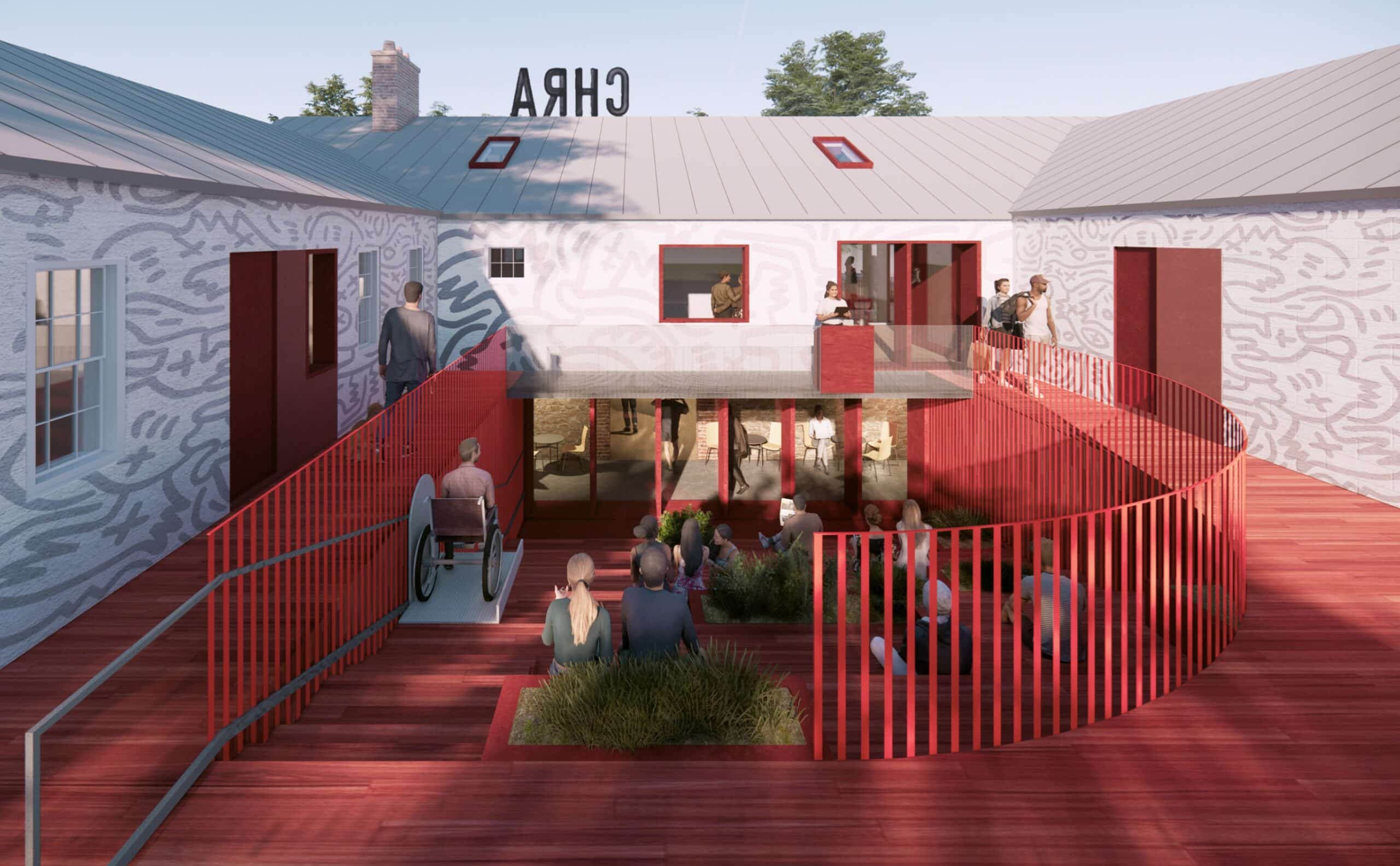 An artist's rendering of a red building with people walking around.