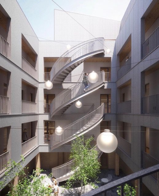 An artist's rendering of a spiral staircase in an apartment building.