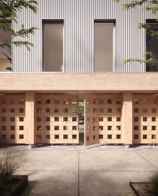 A rendering of a building with a wooden door.