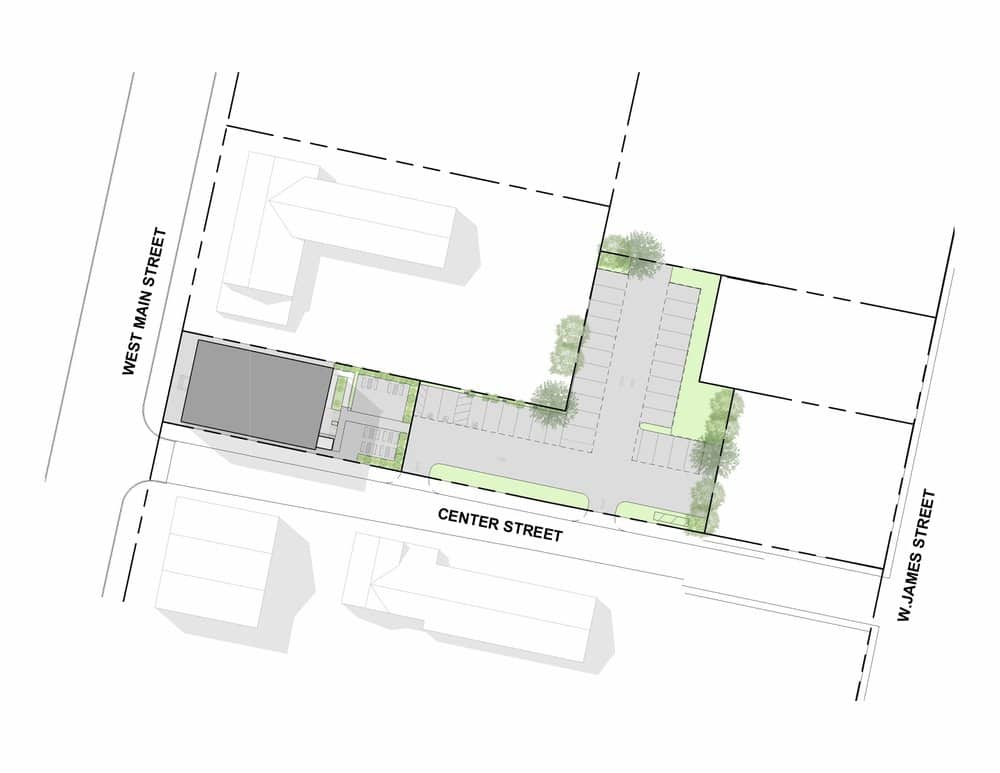 A site plan for a building with a parking lot.