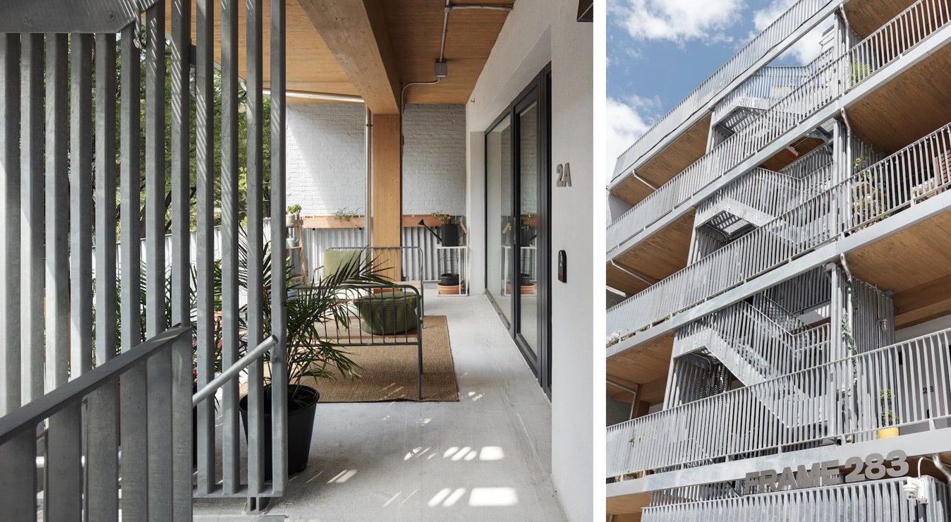 Two pictures of a balcony with metal railings and plants in the First Cross Laminated Timber building in New York City.
