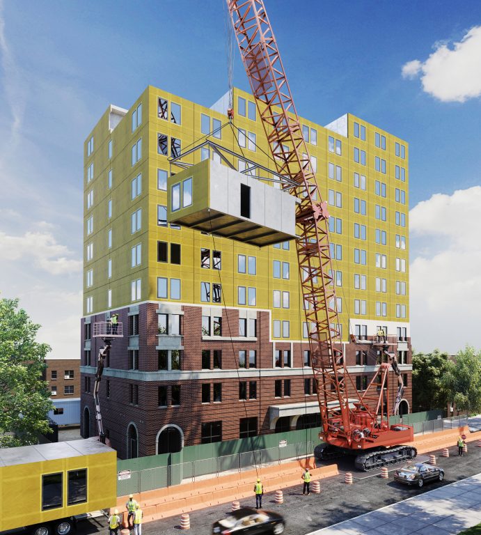 An artist's rendering of a modular senior housing building with a crane.