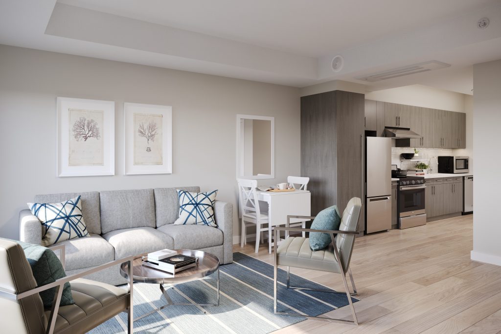 A rendering of a modern living room and kitchen in a modular senior housing unit.